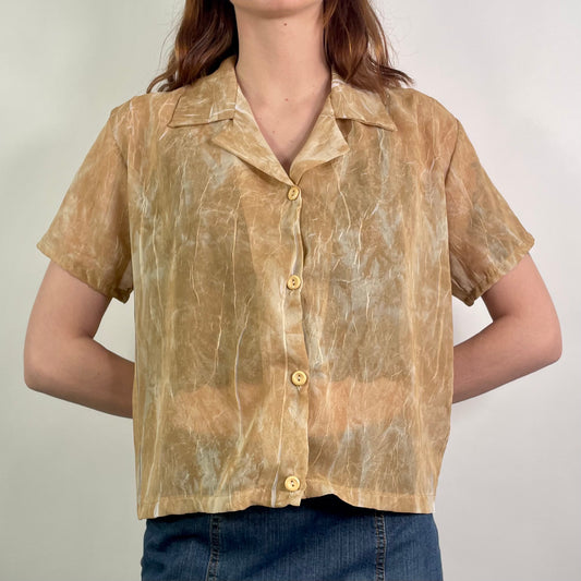 Y2K Tan Patterned Mesh Shirt (L)