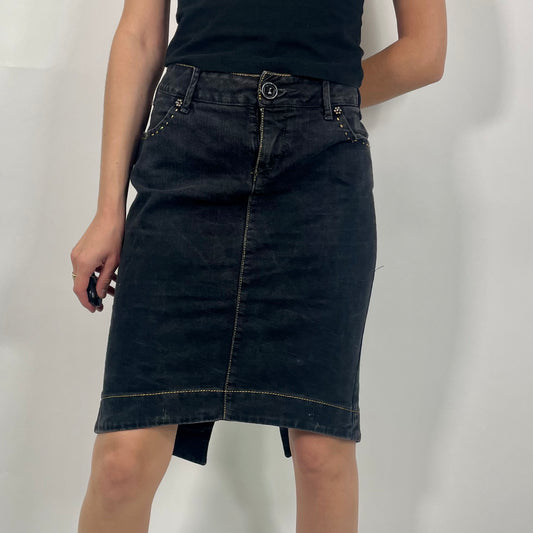 Black Embroidered Denim Midi Skirt (W34)
