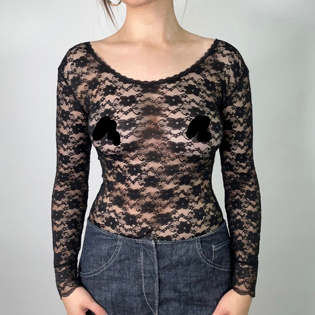 Black Lace Long-Sleeve Bodysuit (S)