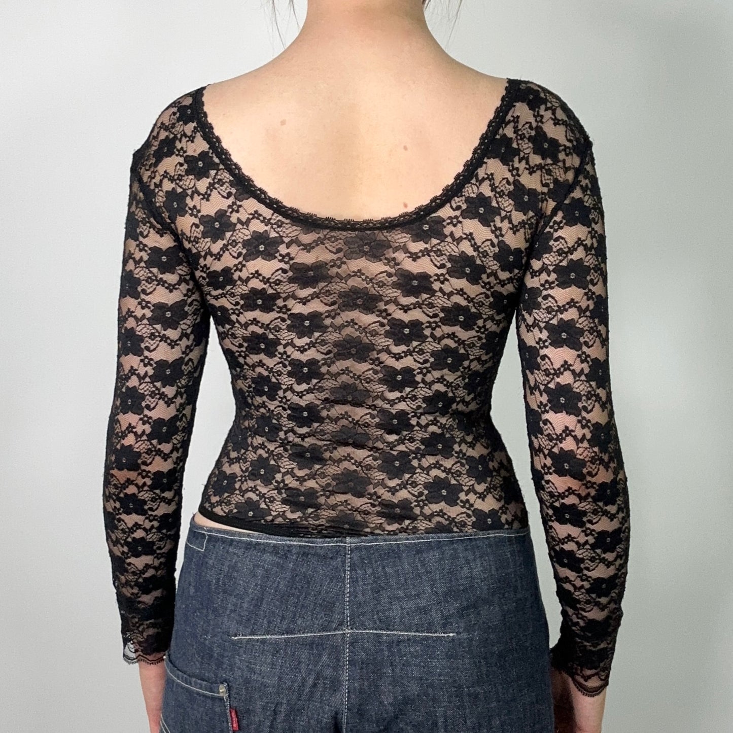 Black Lace Long-Sleeve Bodysuit (S)