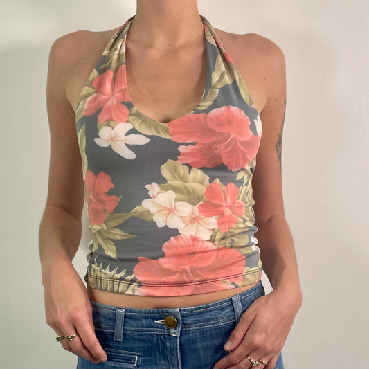 Y2K Multicoloured Floral Patterned Halter Neck Top (XS)