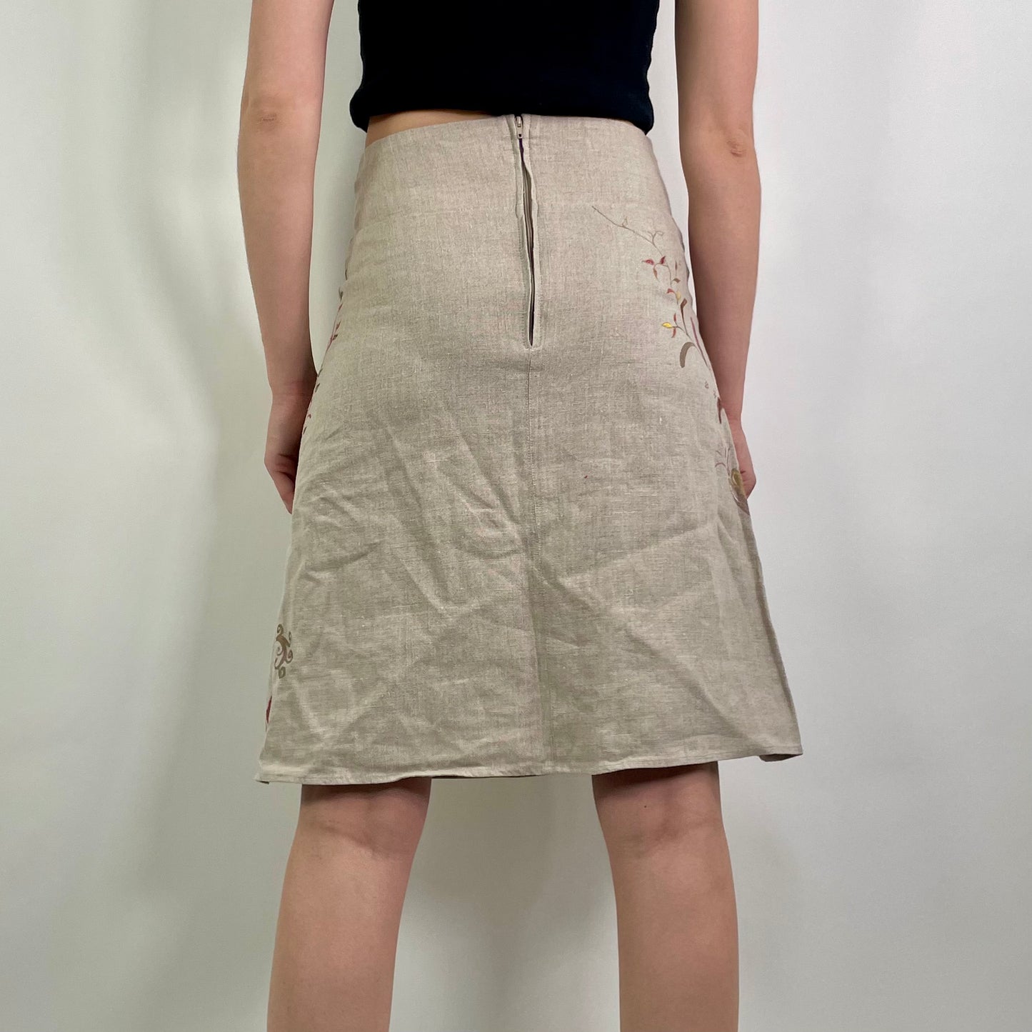 Y2K Beige Patterned Linen Midi Skirt (W23)