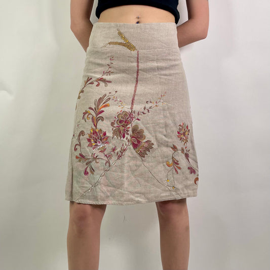 Y2K Beige Patterned Linen Midi Skirt (W23)