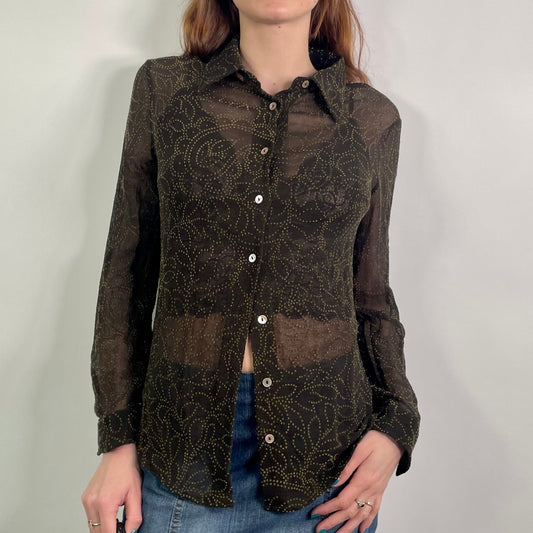 Y2K Brown Embroidered Mesh Shirt (M)