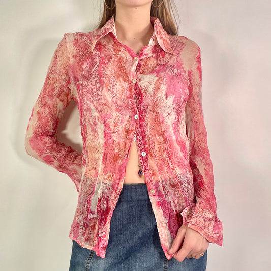 Y2K  Pink Patterned Mesh Shirt Top (S)