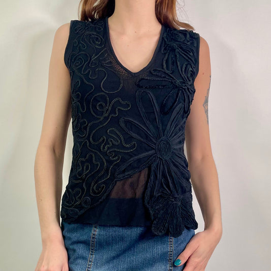 Y2K Black Embroidered Patterned Top (M)