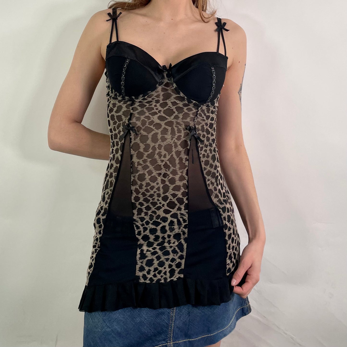 Y2K Black Leopard Print Lingerie Top (S)