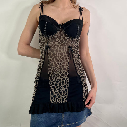 Y2K Black Leopard Print Lingerie Top (S)