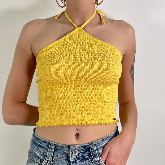 Y2K  Yellow Ribbed Halter Neck Top (XS)